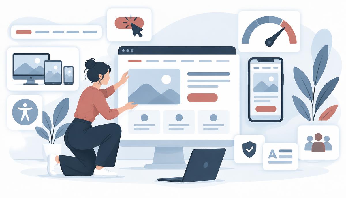 Web designer reviewing responsive layouts, usability, speed and conversion elements