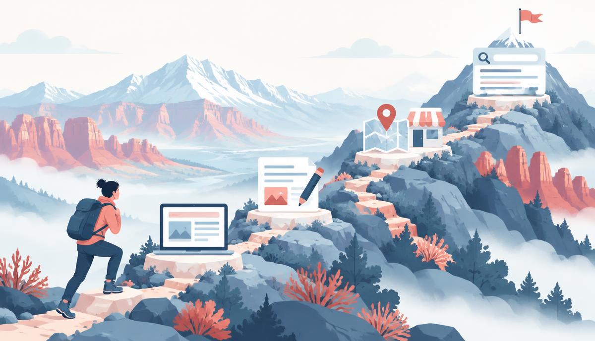 Business team following a step-by-step path to stronger website visibility