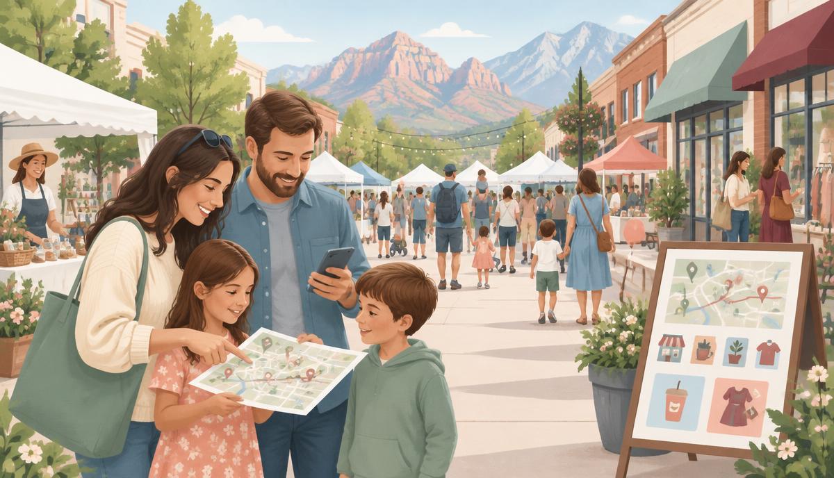 Utah family discovering local businesses and offers during a community event