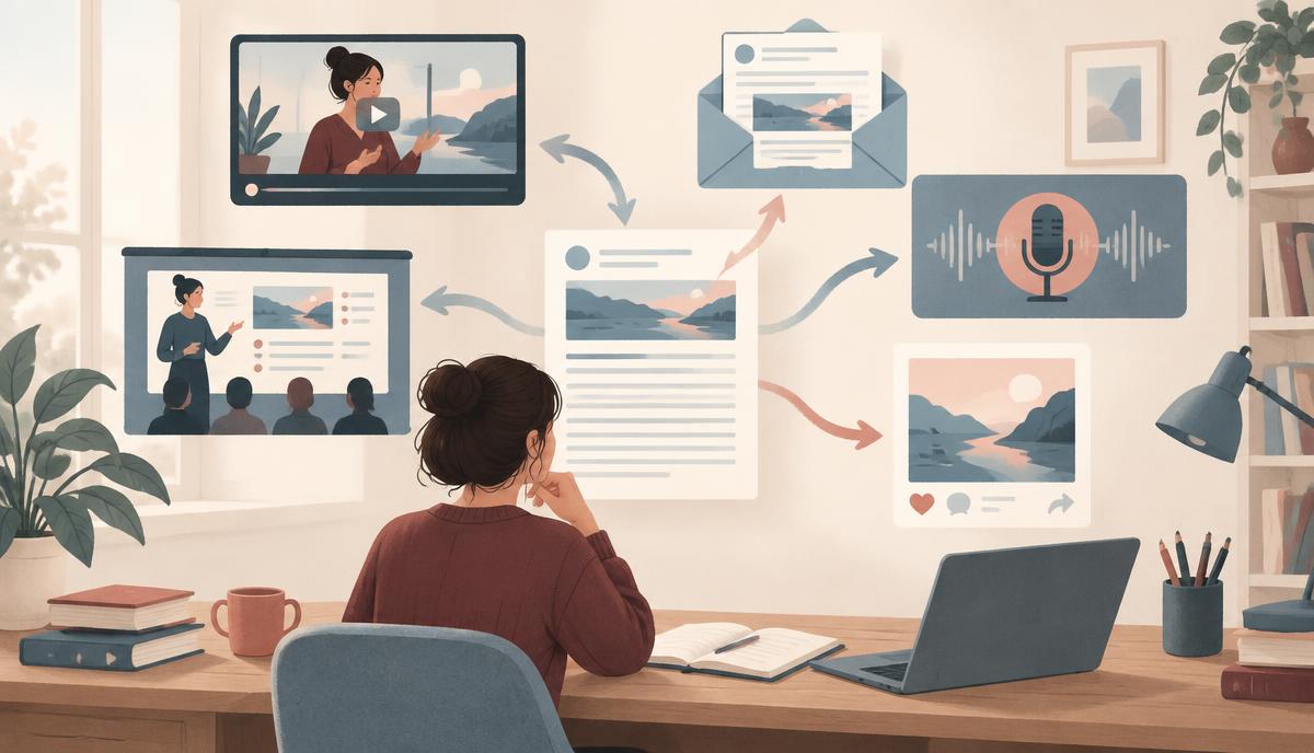 Marketing team turning one core idea into articles, video and social content