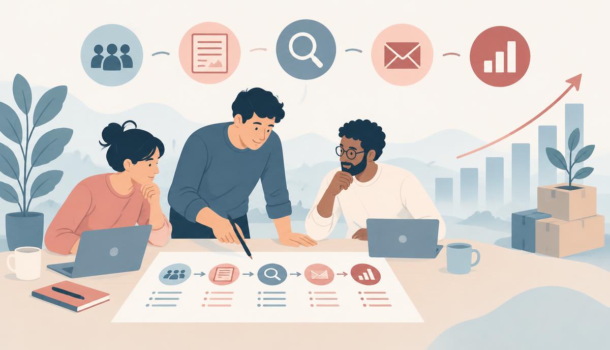Startup team planning search, content, email and analytics together