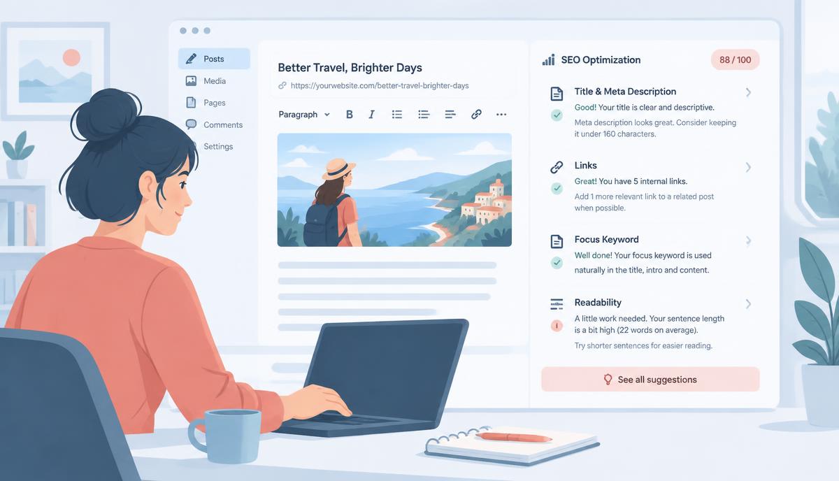 Content editor improving page metadata, links and readability in WordPress
