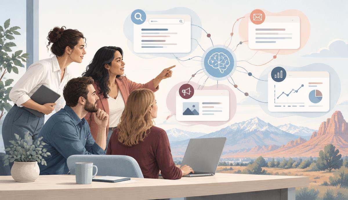 Marketing team combining human strategy with AI-assisted campaign analysis